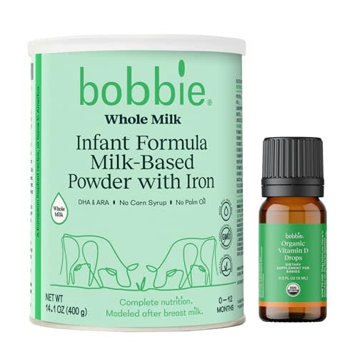 Bobbie Whole Milk, Grass Fed Baby Formula and Vitamin D Drops for Newborn Babies and Infants, Milk Based Powder with Iron Plus Liquid Vitamin D, Formula Feeding and Breastfeeding Baby Essentials