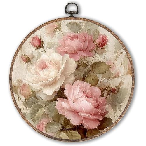 Vintage Pink Rose Round Wall Art Framed, Vintage Floral Wall Decor, Shabby Chic Pink Rose Hanging Canvas Prints Wall Sculptures for Cottagecore Home Living Room Bedroom Decor, 10x10 Inch