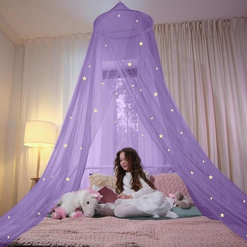 Ciel de lit en tissu ignifuge avec étoiles phosphorescentes pour fille, enfant et bébé, filet à utiliser pour couvrir le berceau de bébé, lit d'enfant, lit de fille ou lit double (violet)