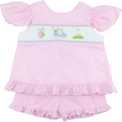 Pink Gingham Smocked Golf Short Set