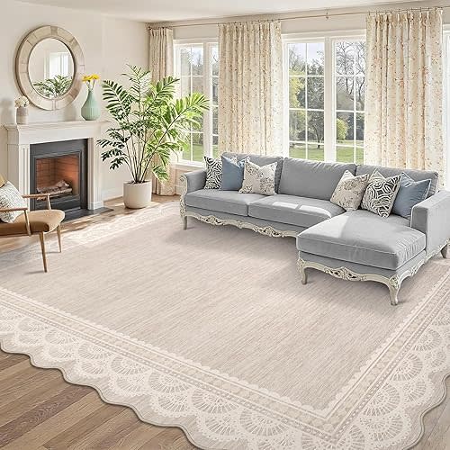 COZYLOOM 8x10 Area Rugs for Living Room Scalloped Lace Border Washable Rug with Non Slip Backing, Non Shedding Low Pile Soft Carpet Stain Resistant Farmhouse Mats for Dining Room, Bedroom, Beige