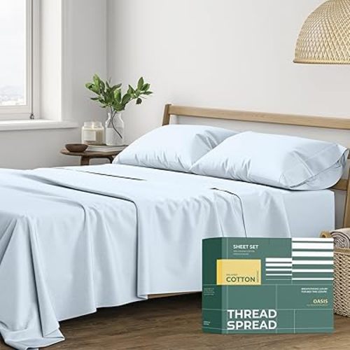THREAD SPREAD 100% Organic Cotton Sheets Full Size - 4 PC Organic Cotton Full Size Percale Weave Sheet Set, Soft, Cooling, Crisp & Breathable, 16" Deep Pocket Hotel Quality Bedding Set - Light Blue