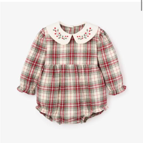Winter Tartan Bubble w/ Embroidered Collar – Elegant Baby