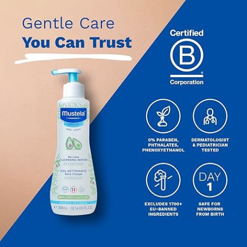 Mustela Baby Cleansing Water - No-Rinse Micellar Water - with Natural Avocado & Aloe Vera - for Baby's Face, Body & Diaper - 1 or 2-Pack - Various Sizes