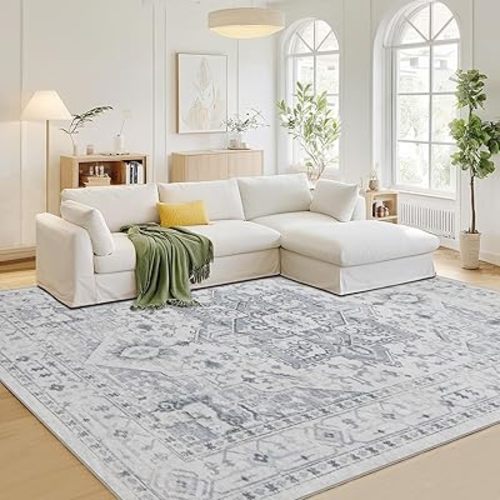 Srugn Area Rug 8x10 Washable Area Rugs for Living Room- Ultra Soft Non-Shedding Faux Wool Bedroom Rug Large Grey Vintage Print Rugs with Non Slip Rubber- Indoor Retro Foldable Carpet for Dining Room