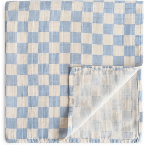 mushie Muslin Baby Swaddle Blanket | 100% Organic Cotton (Blue Check)