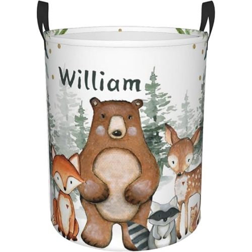 Woodland Animals Personalized Laundry Basket Name Clothes Hamper with Handles Waterproof Laundry Storage Baskets for Bedroom Bathroom Decor.