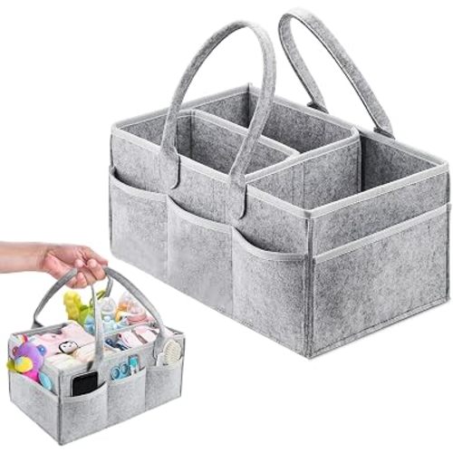 Baby Diaper Caddy Organizer, Foldable Felt Nursery Tote Storage Bin Portable Car Travel Organizer Toys Storage Bag with Multi Pockets and Flexible Compartments for Diapers, Wipes and Others