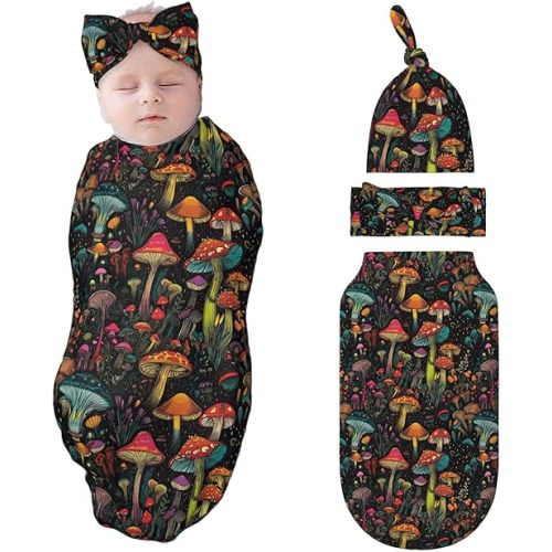 Mushroom Swaddle Blankets Newborn Receiving Blanket Baby Swaddle Wrap with Headband Hat Set for Baby Girls Boys