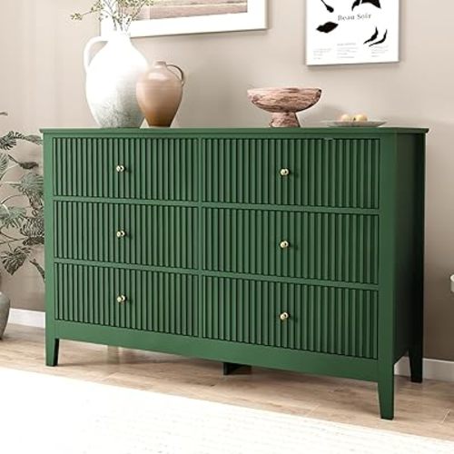 Furnivado Green Dresser for Bedroom, 6 Drawers Fluted Chest of Drawers with Storage, Modern Wide Storage Dresser with Paint Design, Wood Drawer Organizer Green Dressers for Hallway, Entryway