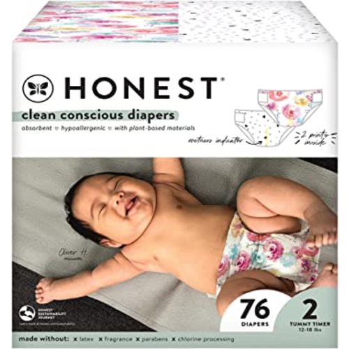 The Honest Company Clean Conscious Disposable Diapers - Ya Heart + Rose Blossom, Size 2, 72 Count