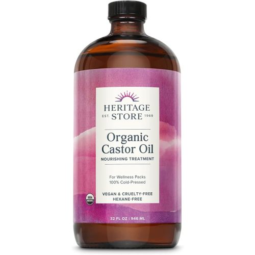 HERITAGE STORE Organic Castor Oil - 32oz Glass Bottle - Nourishing Treatment for Hair and Skin Care - Eyelash Serum for Eyelashes and Brows - Cold Pressed, Hexane Free, Vegan - 32oz