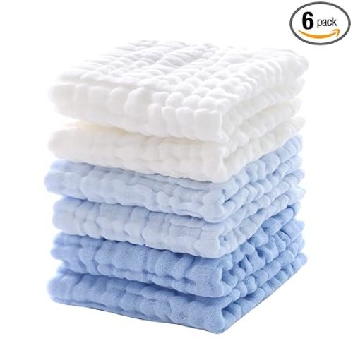 MUKIN Baby Washcloths - Soft Face Cloths for Newborn, Absorbent Bath Wipes, Burp Cloths or Towels, Baby Registry as Shower. Pack of 6-12x12 inches (Blue)