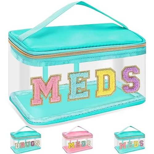 Chenille Letter Bag Clear MEDS Makeup Pouch, Preppy Small Medicine Bag Travel Drugs Pills Zipper Pouch with Handle, Nylon Waterproof Portable Meds Bag Toiletry Organizer for Patient Nurse(MEDS-Green)