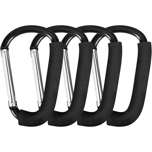Stroller Hooks 4 Pack, 6.3" Black Baby Stroller Clips for Baby Diaper Bag, Grocery, Purse, Hanging Bags, Mommy Hook Backpack Accessories for Outdoor, Camping and Hiking, Large Carabiner Clip