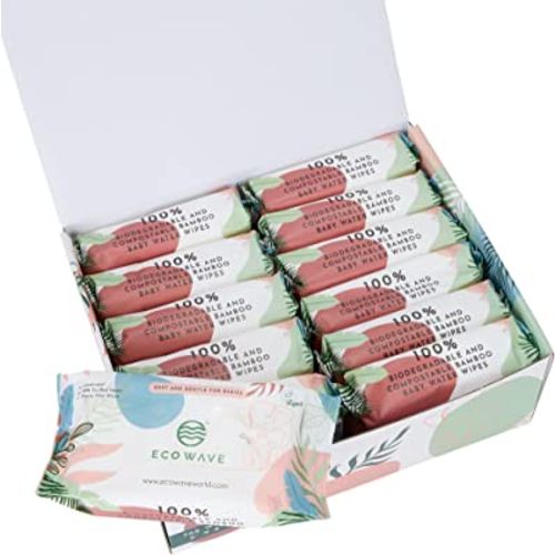 Baby Wipes, 100% Compostable Eco-Friendly Bamboo Water Wipes, Unscented, Hypoallergenic, Vegan, Alcohol-Free, Suitable For Sensitive Skin (Pack of 12)