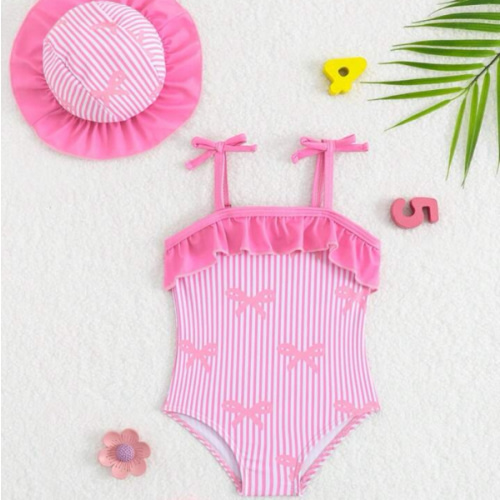 Newborn Girls Swimwear One-Piece Swimsuit For Newborn Girls Spaghetti Strap Bow Trim Swimsuit Knitted Polyester Digital Print Bow Pattern Swimsuit Plus Hat Cute Seaside Swimsuit For Newborn Girls