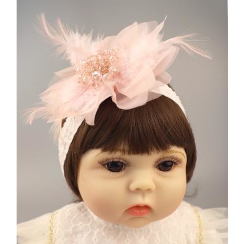 Bethynas Baby Girls Lace Feather Headband Beads Gauze Flower Elastic Toddler Hairband Birthday Party Princess Hair Accessories for Newborn Infant (Pink)