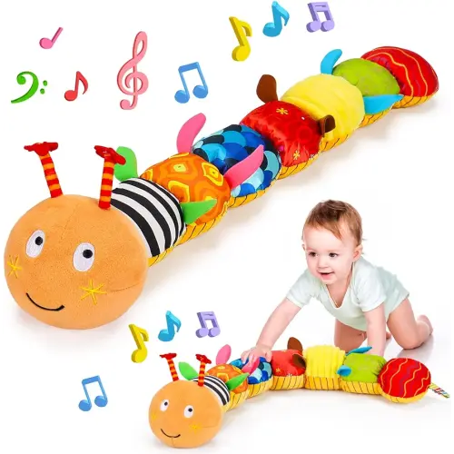 Baby Sensory Caterpillar Toys 0-3 Month Music Animal Stuffed Plush Toy for Infant 0-3-6-12 Month Tummy Time with Crinkle Rattle for Newborn 9-12 Month Toy for Boy Girl Birthday Shower Gifts Orange