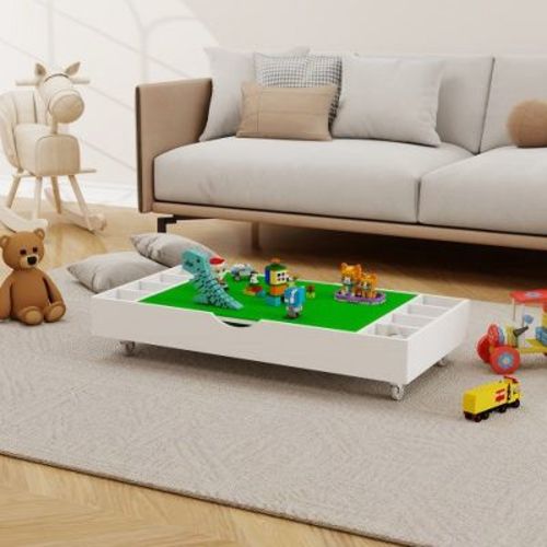 3 in 1 Construction Play Table, Game Table with Block Board and Train Car, Rolling Game Table with Locking Wheels and Storage Space,White