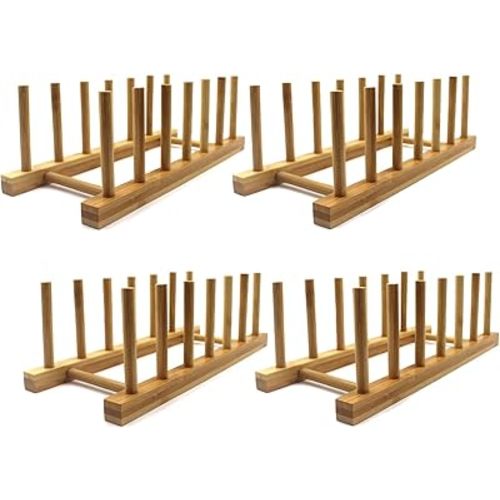 INNERNEED Bamboo Wooden Plate Racks Dish Stand Holder Kitchen Storage Cabinet Organizer for Dish/Plate/Bowl/Cup/Pot Lid/Cutting Board (Pack of 4)