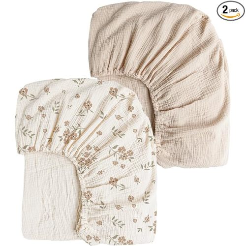 Konssy Muslin Crib Sheets for Girl Boy, 2 PCS Soft and Breathable Cotton Baby Sheets for Standard Crib Mattress, 52"x 28" (Blossom, Cream)