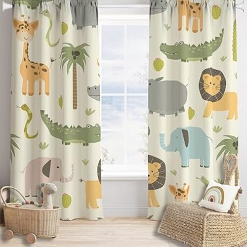 Cartoon Blackout Curtains Cute Jungle Forest Animals Tree Colorful Kids Baby Bedroom Nursery Living Room Decor Rod Pocket 2 Panels 42x45in