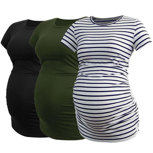 Women's Short Sleeve Maternity Shirt Side Ruched Pregnancy Tunic T-Shirt 3-Pack