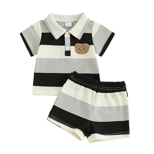 Baby Boy Summer Outfits Clothes Bear Embroidery Striped Lapel T-Shirt Top Elastic Shorts Toddler Clothing Set