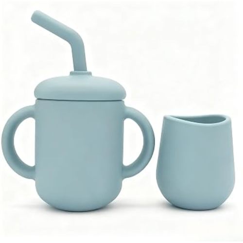 Silicone Training Cups - Drinking Training Straw Cup & Open Weaning Cup for Babies 6-12+ Months, Food-Grade BPA-Free Baby Led Weaning Drinking Set(Rose) (Light Blue)