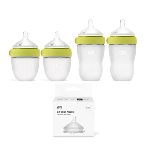 Silicone Baby Bottle Set for Newborn & Baby – Comotomo Gen 2 Feeding Bundle with 5oz & 8oz Anti Colic Baby Bottles (Green) + Fast Flow Replacement Nipples – Breast Like Bottle Feeding