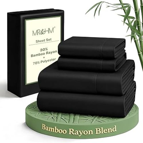 MR&HM Twin Sheets Set, 3-Piece Cooling Sheets, Rayon Derived from Bamboo & Polyester Blend, Soft & Silky, 15" Deep Pockets with Elastic Straps, Hotel Luxury for Hot Sleepers, Black