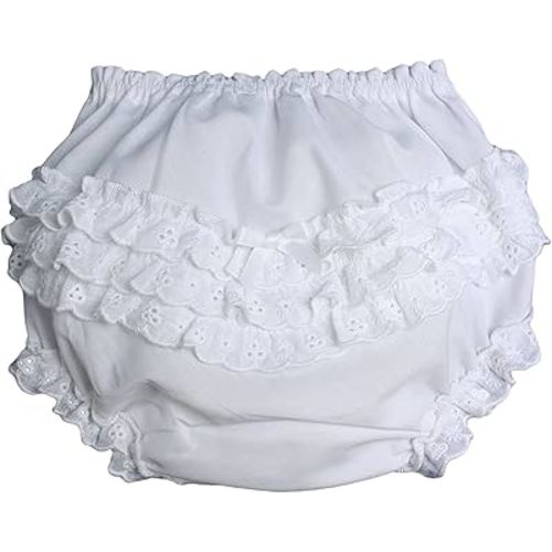 Little Things Mean A Lot Baby Girls White Elastic Bloomer Diaper Cover with Embroidered Eyelet Edging - NB