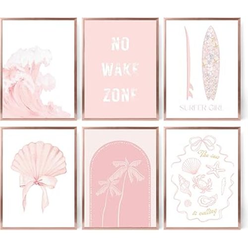 6Pcs Pink Beach Canvas Wall Art Surfer Girl Coastal Posters Prints No Wake Zone Quote Boho Seashell Palm Tree Pictures Wall Decor for Bathroom Nursery Girls Room Decoration 8''x10'' Unframed