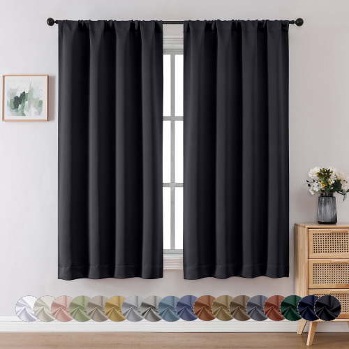 OVZME 2PCS Black Blackout Curtains 63 inch Length for Living Room, Thermal Insulated with Rod Pocket, Room Darkening Window Curtain Drapes for Bedroom, W40 x L63 inch, 2 Panels, Black