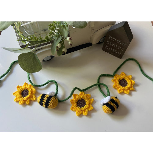 Crochet Sunflower Bumblebee Garland: 40-inch Nursery Wall Decor