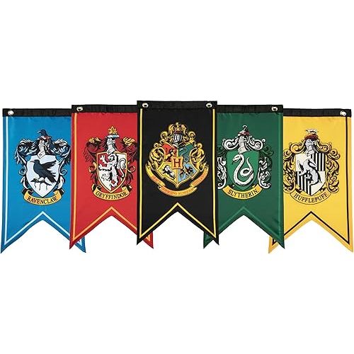 Conquest Journals Harry Potter Wizarding House Banner Flag Set, 12'' x 20'' Polyester Flags, Set of 5 Includes Hogwarts Crest, Gryffindor, Slytherin, Ravenclaw & Hufflepuff Banners, Birthday Party