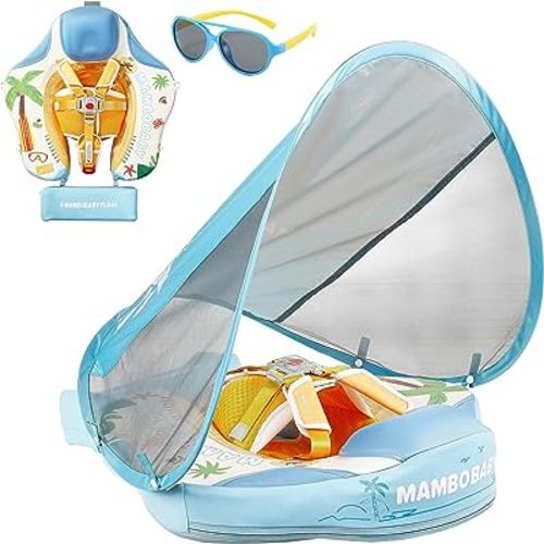 Baby Floats for Pool with Canopy Removable Sun Protection Canopy Mambobaby Float Non Inflatable Upgrade Add Tail Avoid Flip Waterproof Skin-Friendly Infant Swim Float 3-24 Months