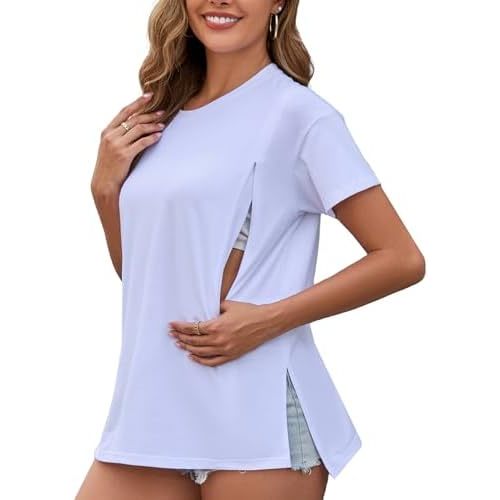 Ecavus Women's Oversized Nursing Shirts for Breastfeeding with Hidden Zipper Short Sleeves Side Splits Maternity Tops
