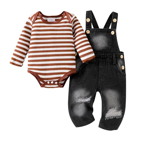 Baby Boy Clothes Newborn Suspender Overalls Ripped Jeans Long Sleeve Striped Romper Fall Winter Outfits 0-18 Months