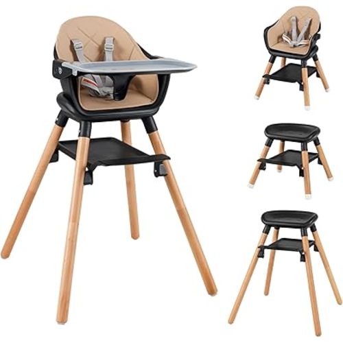 HONEY JOY Baby High Chair, 6 in 1 Convertible Wooden Highchair for Babies and Toddlers/Chair/Bar Stool, Removable Double Tray & Reversible Footrest, Safety Harness for Infant Boys Girls (Coffee)