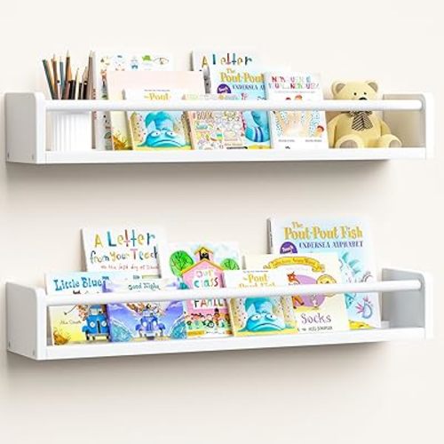 upsimples 2 Pack Nursery Book Shelves, 23.6 Inch Floating Bookshelves for Wall, Baby Nursery Decor, Small Solid Wood Wall Mounted Shelves for Baby Kids Boys Girls, White
