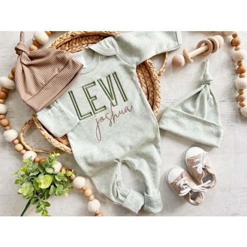 Personalized Baby Boy Outfit | Sage Green Romper Forest Green Taupe Ba – Wonderfully Made