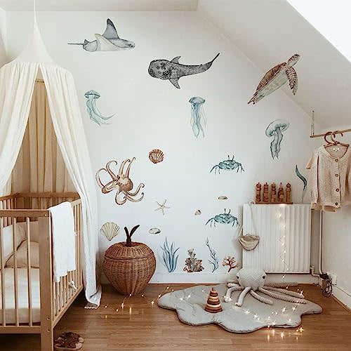 QUCHENG Ocean Wall Decals Marine Animal Boys Bedroom Large Stickers Removable Whale Decor Nursery Kids Room Murals DIY Cute Decorations