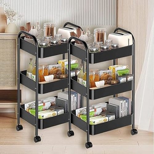 3 Tier Rolling Cart,Metal Utility Cart with Wheels,Detachable Rolling Storage Cart, Multifunctional Storage Organizer Trolley for Kitchen, Living Room, Office, Garage (Black, 3 Tier 2PCS)
