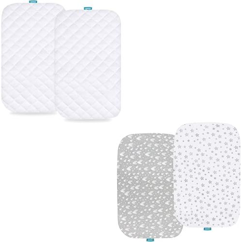 Waterproof Bassinet Mattress Protector, 100% Viscose Made from Bamboo, and Bassinet Sheets Fit for Dream On Me Traveler & Skylar Bassinet, 100% Jersey Knit Cotton Sheets, 2 Pack