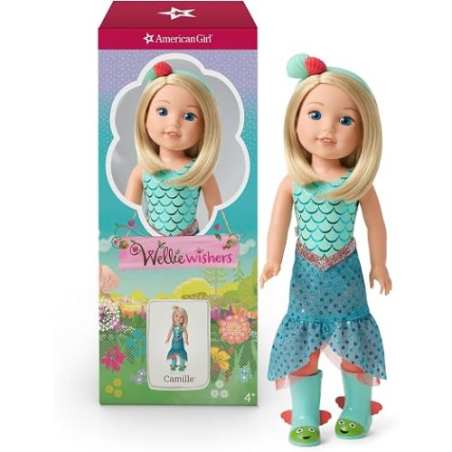 American Girl WellieWishers 14.5-inch Camille Doll with Blue Leotard, Mermaid Skirt, Headband, and Boots, For Ages 4+
