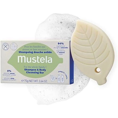 Mustela Solid Shampoo & Body Cleansing Bar for Baby, Kid & Adult - with Avocado Oil & Olive Oil - Fragrance-Free, Plastic-Free, Vegan & Biodegradable Formula - 2.64 oz.