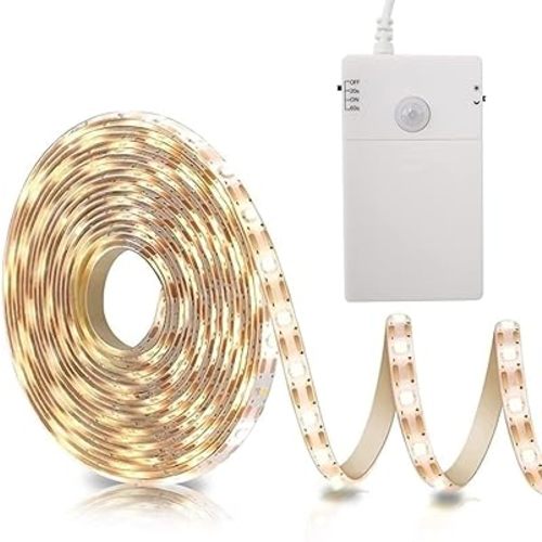 echosari Battery Operated Motion Sensor Cabinet Strip Lights, 9.8Ft 90 LED Counter Closet Strip Light, Motion & Night Sensor Safe Tape Light for Stairs,Wardrobe,Kitchen (Warm White)