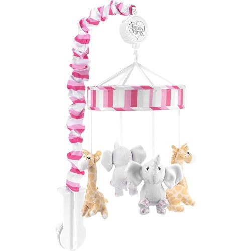 Precious Moments Noah’s Ark Baby Musical Crib Mobile for Girls with Soft Lullaby; Baby Elephant and Giraffe Safari Nursery Décor; Bright and Light Pink, Gray and White Baby Mobile Crib Toy with Music